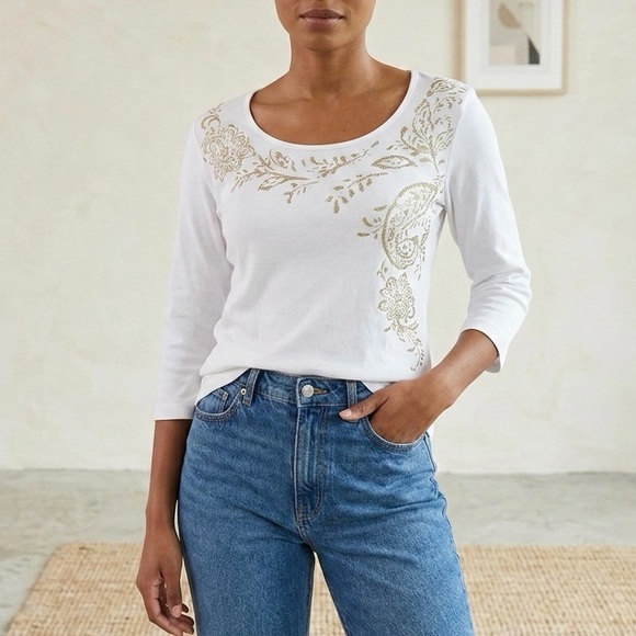Chaps Tops - CHAPS 100% Cotton Gold Metallic Floral Paisley 3/4 Sleeve Top White M Boho Coast